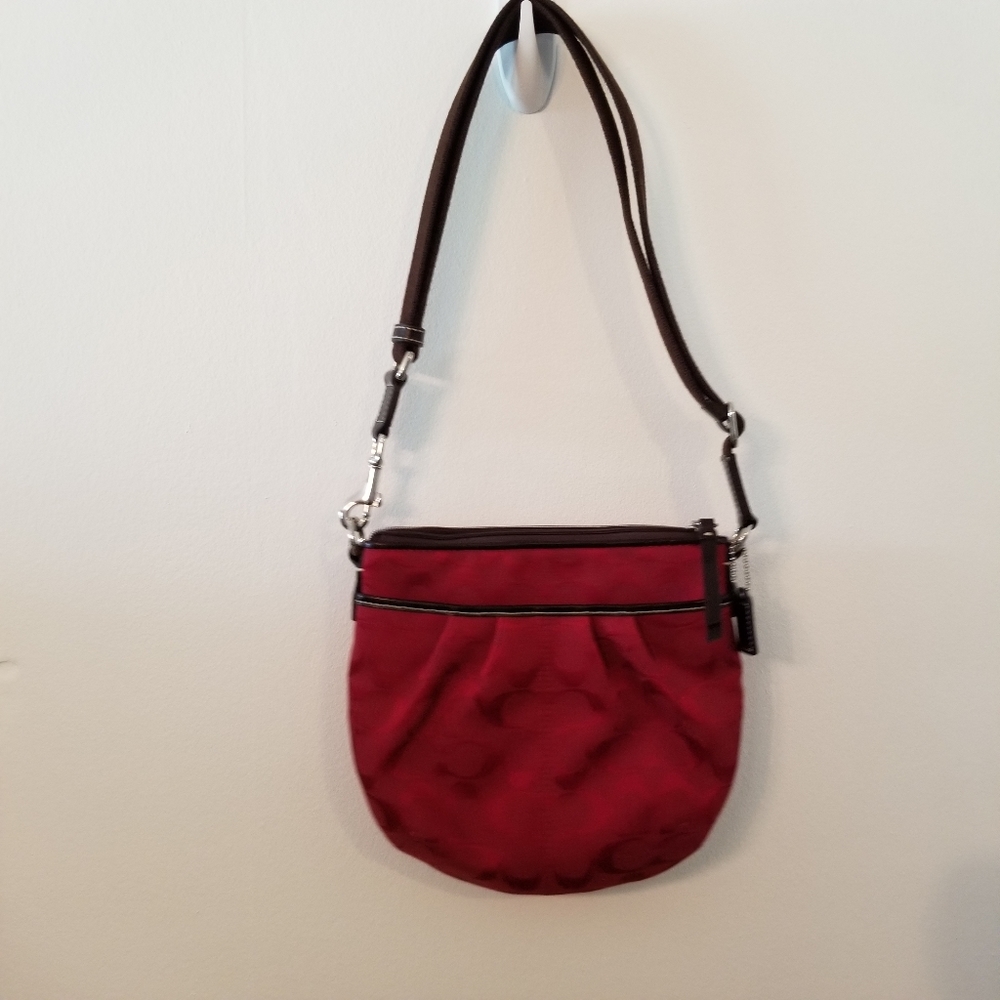 Coach Red Signature Jacquard Canvas Rounded Bottom Shoulder Bag